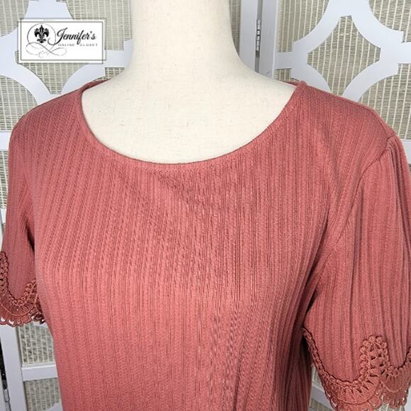 Ann Taylor Factory Rust Scoop Neck Scallop Lace Short Sleeve Sweater Size L - Picture 2 of 9